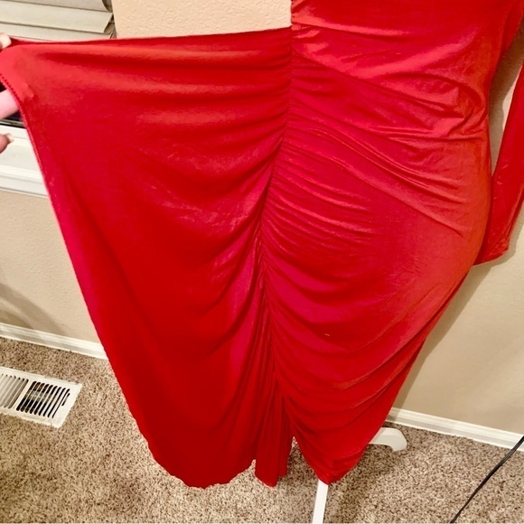 NEW Sexy Bodycon Dress Small Red Maxi Spandex Stretch One Sleeve Ruffled NWOT - Picture 4 of 14